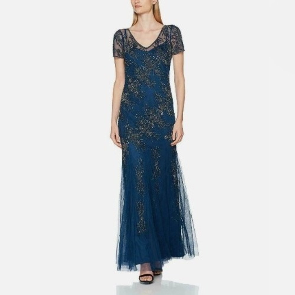 Adrianna Papell Navy and Gold Sequin Gown